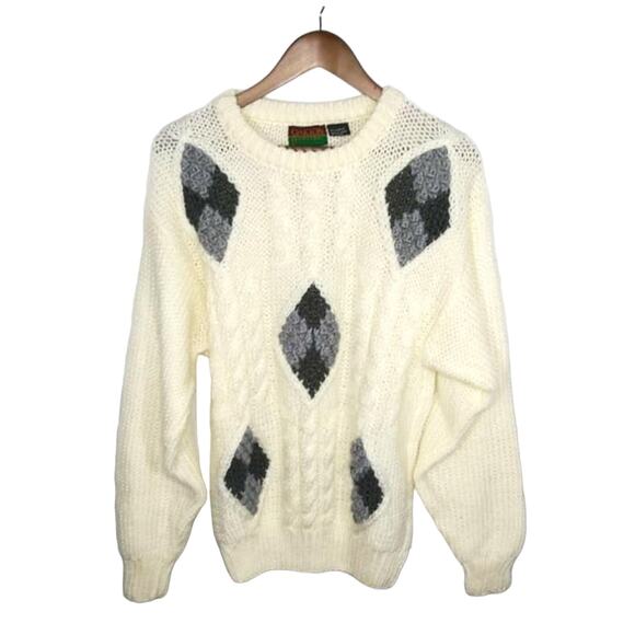 Vintage Oakton Cream & Gray Diamond Accent  Grandma Sweater Sz Large - Picture 1 of 4